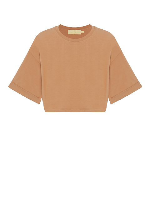 Бежевая укороченная хлопковая футболка , 1