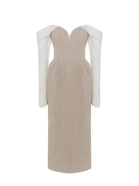 Бежевое платье из льна с кружевными рукавами, 1