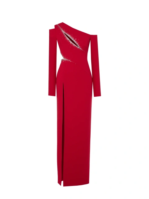 Красное асимметричное платье-макси со стразами, 1