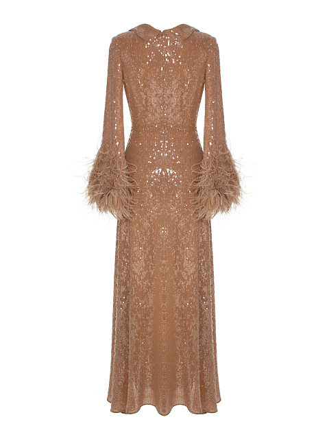 Бежевое платье-макси в пайетку с боа, 2