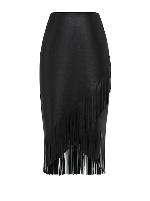 Черная юбка-миди из кожи с бахромой, 1