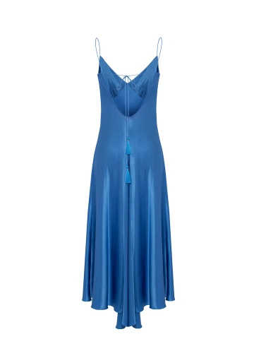 Синее платье-миди из шелка с открытой спиной, 2