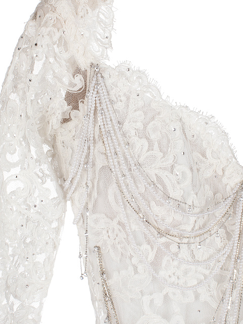 Белое платье из кружева со стразами и жемчугом, 4