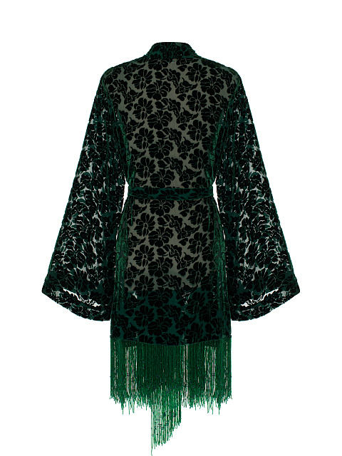 Зеленый халат из бархата с цветами и бахромой из бисера, 2