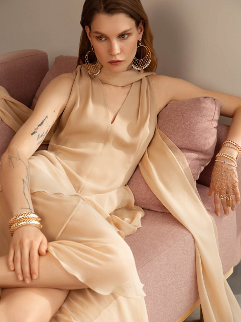 Бежевое платье-макси с воланами из шифона , 5 Бежевое платье-макси с воланами из шифона , 5