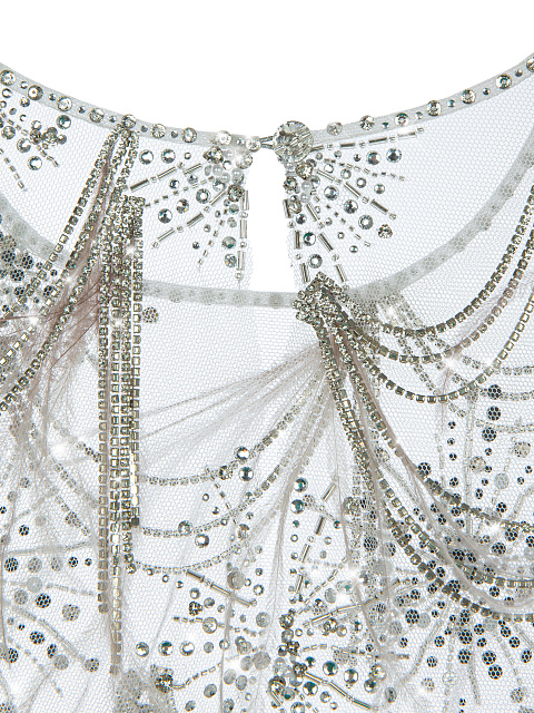 Бежевое платье-мини с перьями и стразами, 6