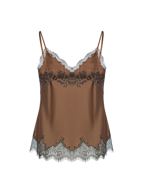 Коричневый топ из шелка с кружевом, 2