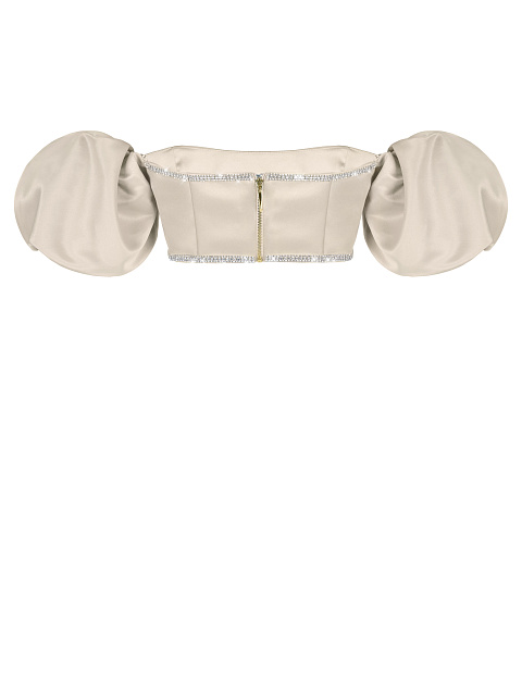 Бежевый атласный топ с рукавами-фонариками и стразами, 2