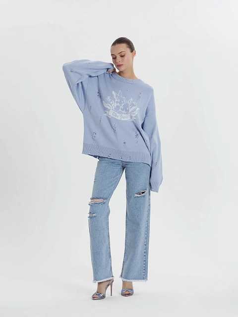 Лавандовый свитер из хлопка с принтом и дырками, 5