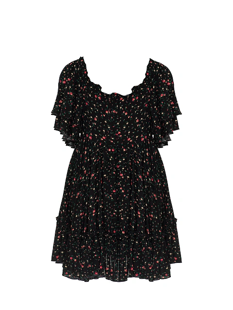 Черное платье-мини из хлопка с цветочным принтом и воланами, 2