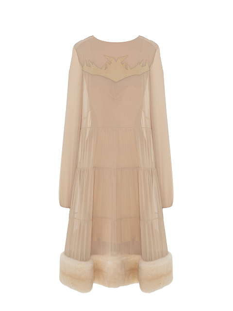 Бежевое шифоновое платье-миди с мехом норки, 2
