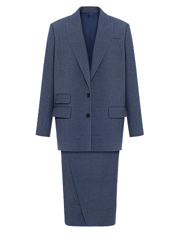 Синий шерстяной костюм-двойка с юбкой-миди, 2