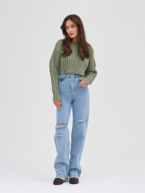 Укороченный темно-зеленый свитер с косами, 5