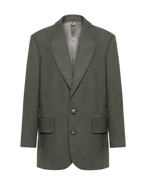 Зеленый однобортный жакет из кожи, 1