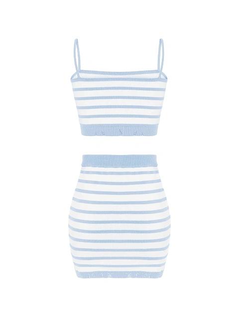 Белый комплект в голубую полоску из топа и юбки-мини, 2