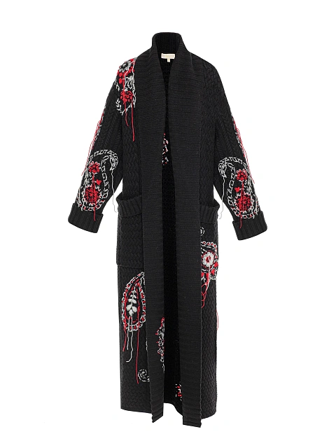 Черное вязаное пальто с косами и вышивкой, 3