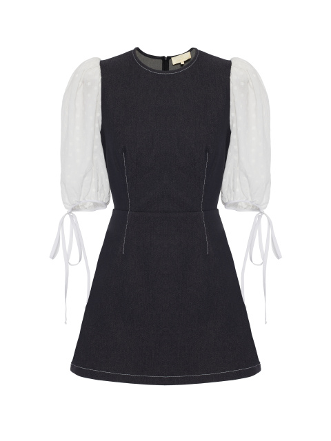Черное джинсовое платье-мини с контрастными рукавами, 1