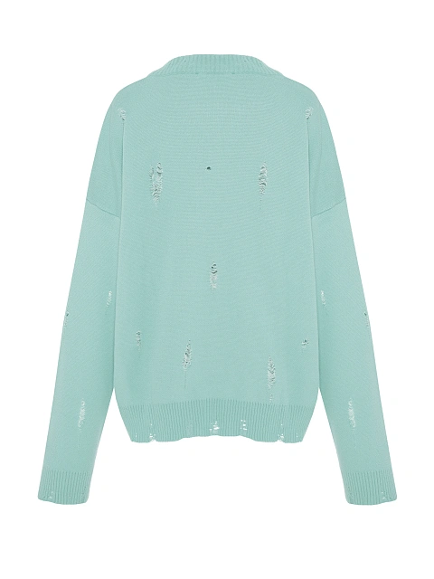 Мятный свитер из хлопка с принтом и дырками, 3