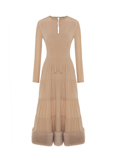 Бежевое платье из шелка с мехом норки, 1