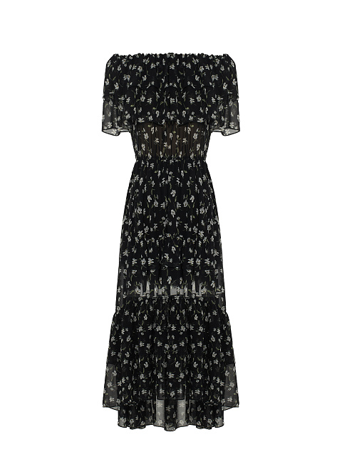 Черное шифоновое платье-миди с открытыми плечами, 1 Черное шифоновое платье-миди с открытыми плечами, 1