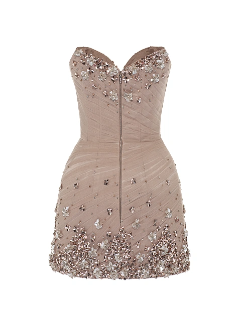 Бежевое платье-мини из сетки с цветами из страз, 3