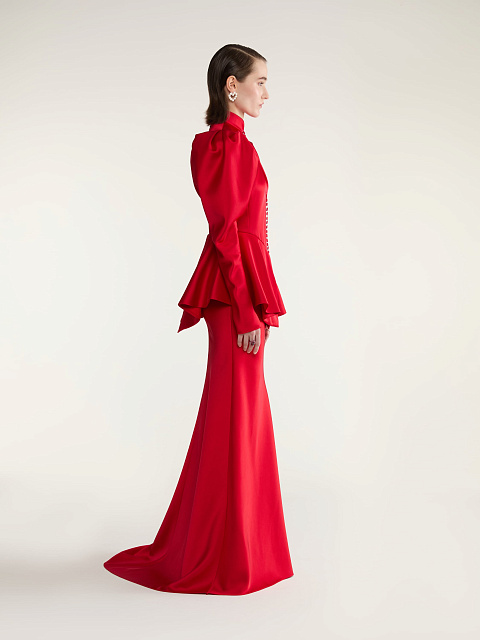 Красное шелковое платье-макси с баской, 6