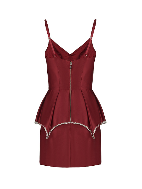 Бордовое платье-мини с баской и стразами, 2