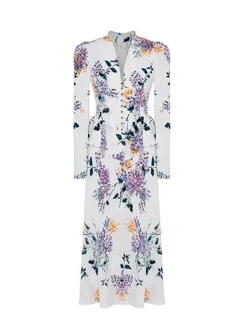 Белое платье-миди из шелка с цветочным принтом и баской, 1