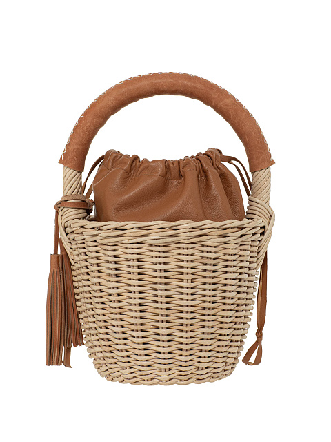 Средняя сумка-корзина бежевого цвета с мешочком из коричневой кожи, 2