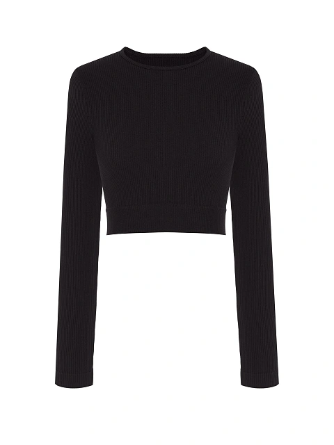 Черный спортивный лонгслив из трикотажа в рубчик, 1