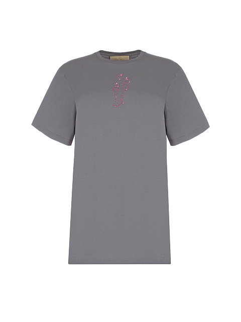 Серая хлопковая футболка с розовыми стразами, 1