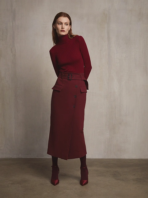 Бордовая юбка-миди с карманами, 4