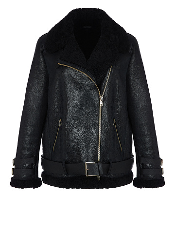 Объемная черная дубленка из овчины с ремнем, 1