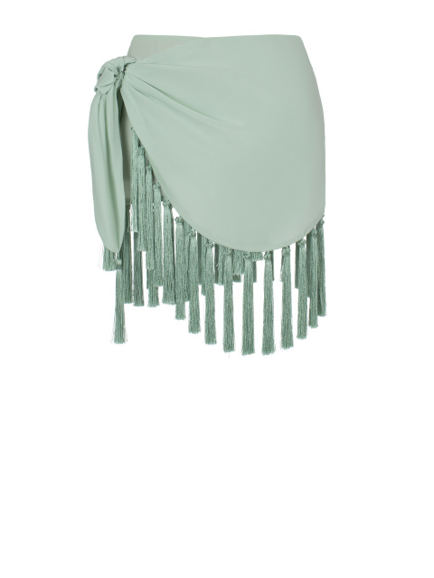 Зеленая юбка-мини из шелка с бахромой, 1