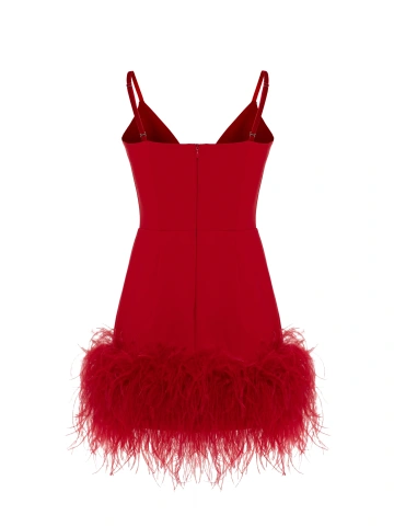 Красное платье-мини из трикотажа с боа, 2