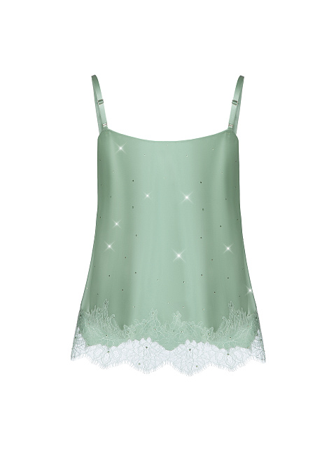 Зеленый шелковый топ с кружевом и стразами, 2