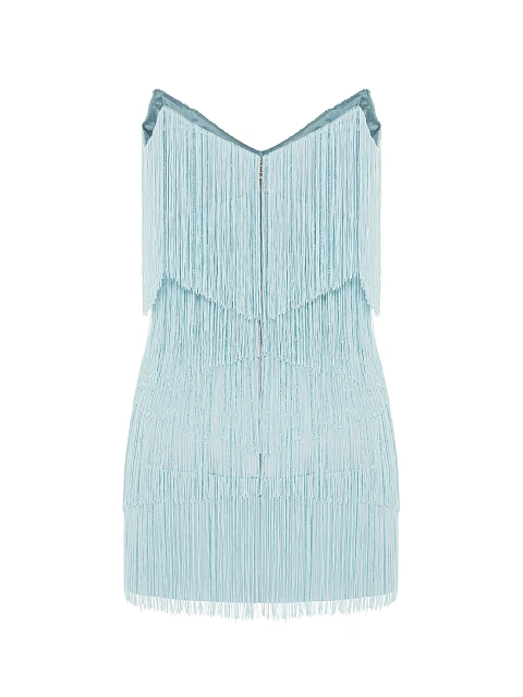 Голубое платье-мини с бахромой и бисером, 2 Голубое платье-мини с бахромой и бисером, 2