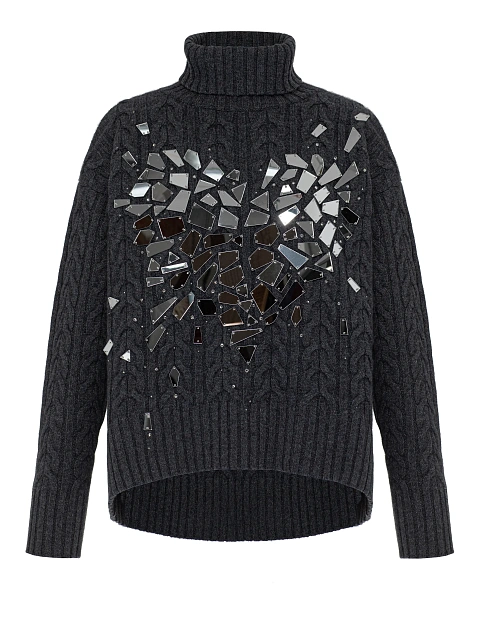 Темно-серый кашемировый свитер с косами и декором в виде сердца , 1