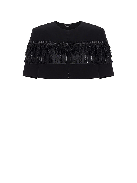 Черный укороченный жакет с бахромой из бисера, 1