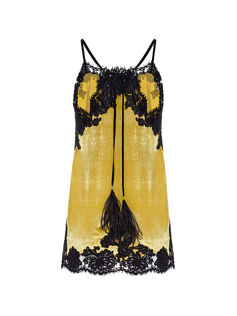 Желтое платье-мини из бархата с кружевом, 2