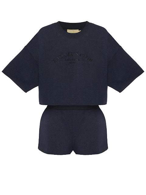 Темно-синий костюм с шортами и тональной вышивкой, 1