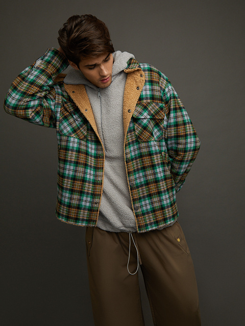 Мужская зеленая рубашка в клетку с подкладкой из искусственного меха, 5