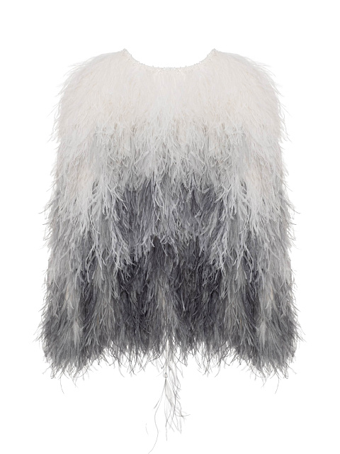 Серый укороченный жакет из перьев в технике деграде с кристаллами, 2