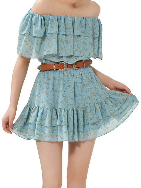 Голубое шифоновое платье-мини с открытыми плечами, 5 Голубое шифоновое платье-мини с открытыми плечами, 5