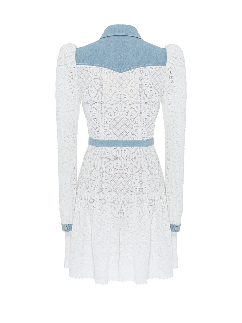 Белое платье-мини из кружева с отделкой из голубого денима, 3
