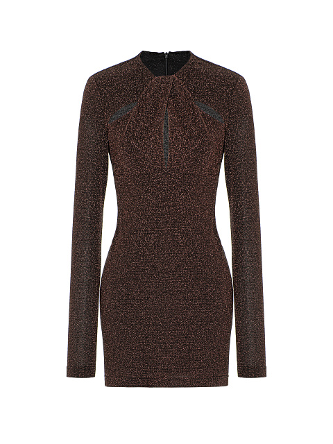 Бронзовое трикотажное платье-мини с люрексом, 1