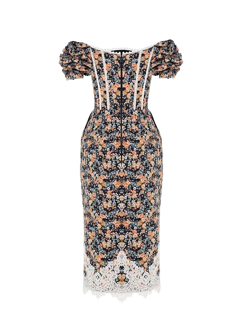 Черное платье-миди из хлопка с цветочным принтом и белым кружевом, 2