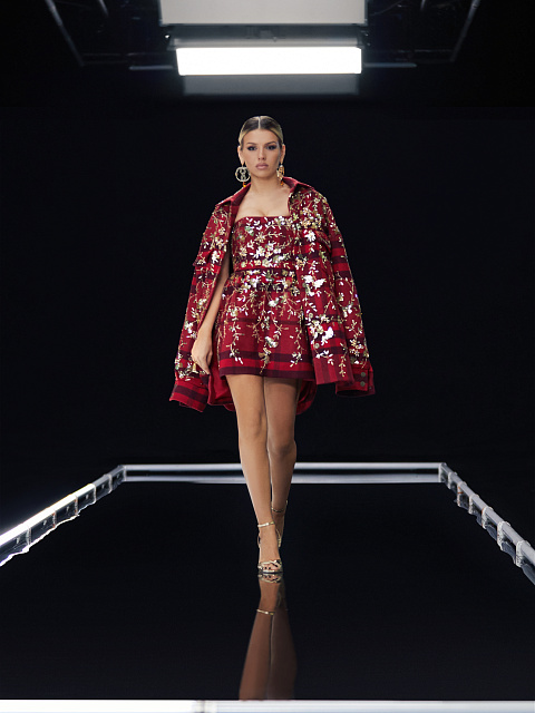 Красное платье-мини из шерсти в клетку с вышивкой, 4