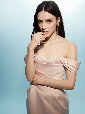 Светло-розовое платье-миди из тафты с кристаллами, 2