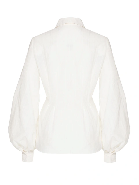 Белая блузка из хлопка в полоску с объемными рукавами, 2